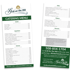 rack card catering menu for Grill on the Hill