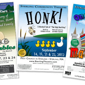 three posters promoting shows for Sterling Community Theatre