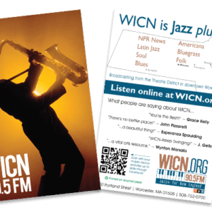postcard with saxophone player on front and information on the back about jazz music played on WICN Public Radio