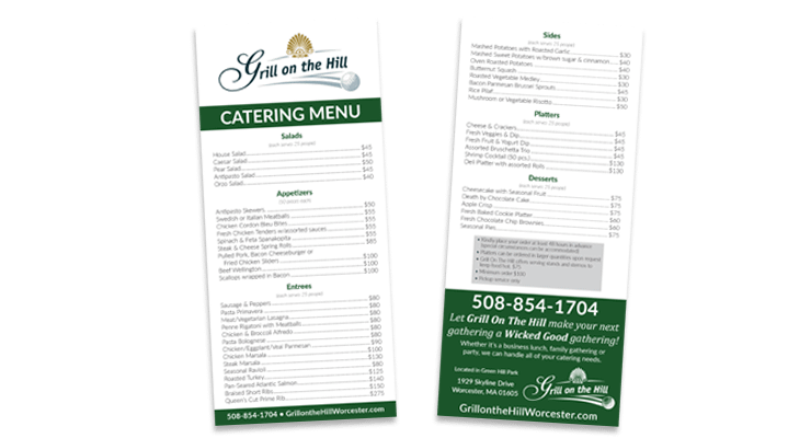 rack card catering menu for Grill on the Hill