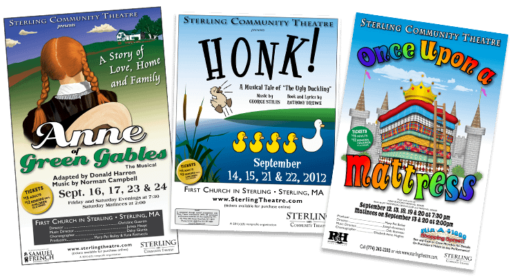 three posters promoting shows for Sterling Community Theatre