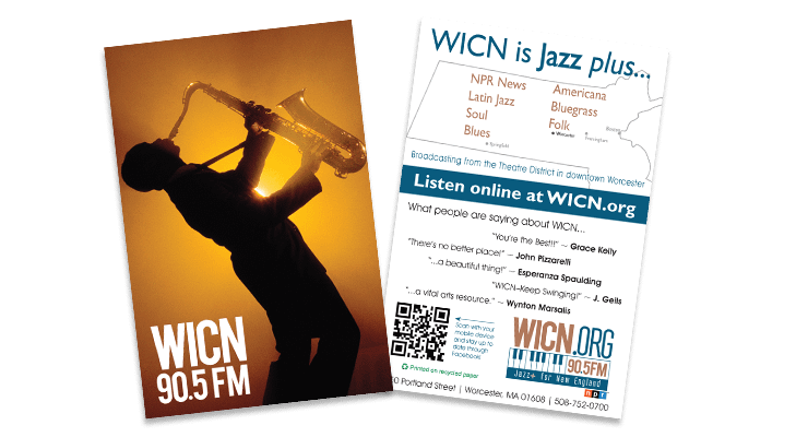 postcard with saxophone player on front and information on the back about jazz music played on WICN Public Radio